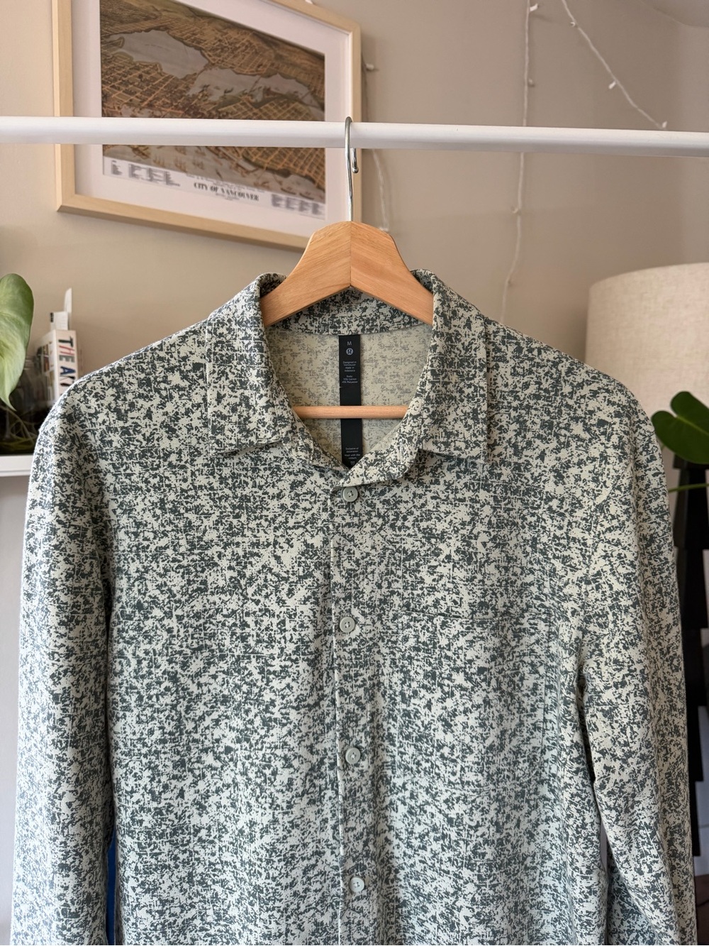Lululemon Long-Sleeve Camo Printed Button-Up Shirt in Cream and Green